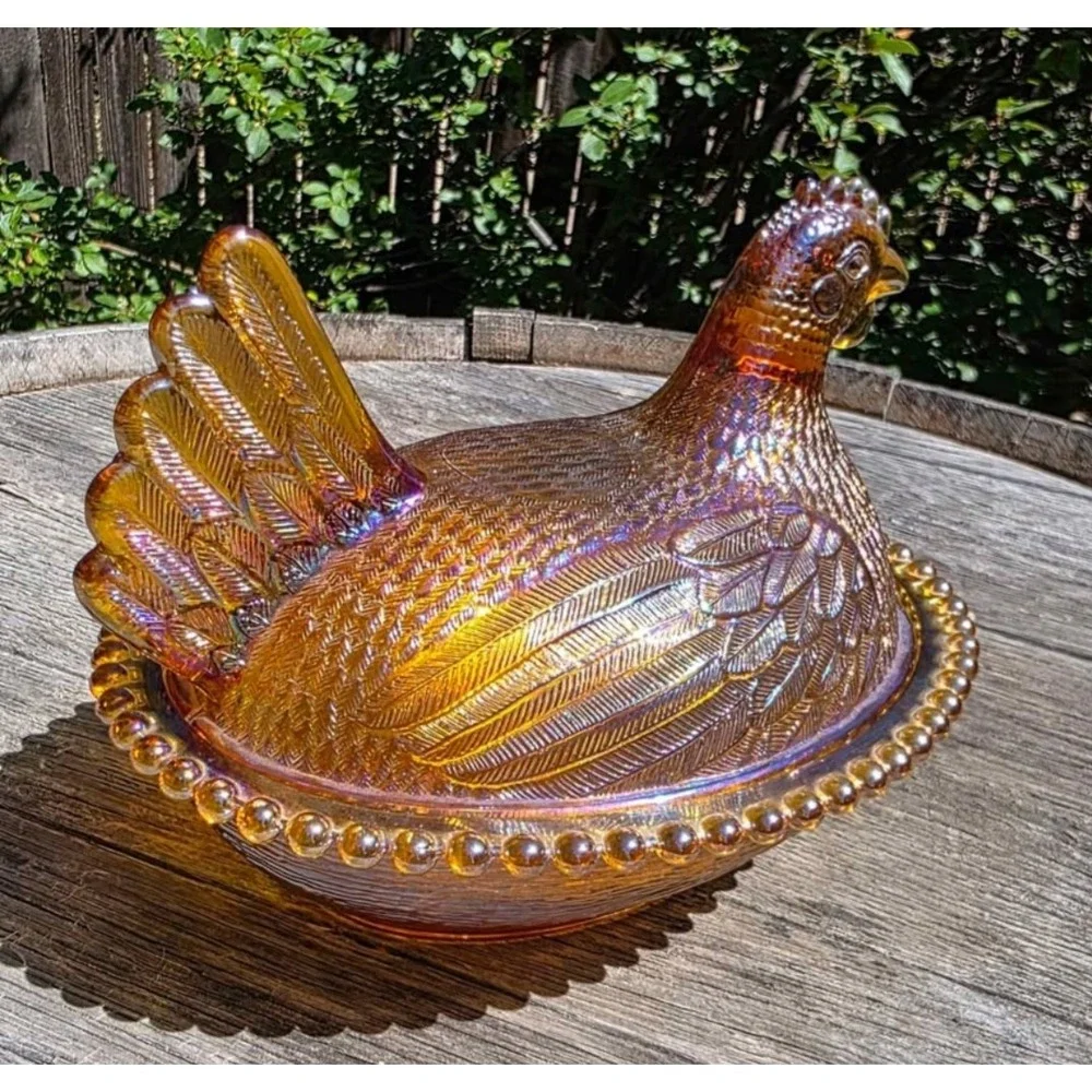 Indiana Glass Amber iridescent Carnival Glass Hen on Nest Covered Dish Rare VTG